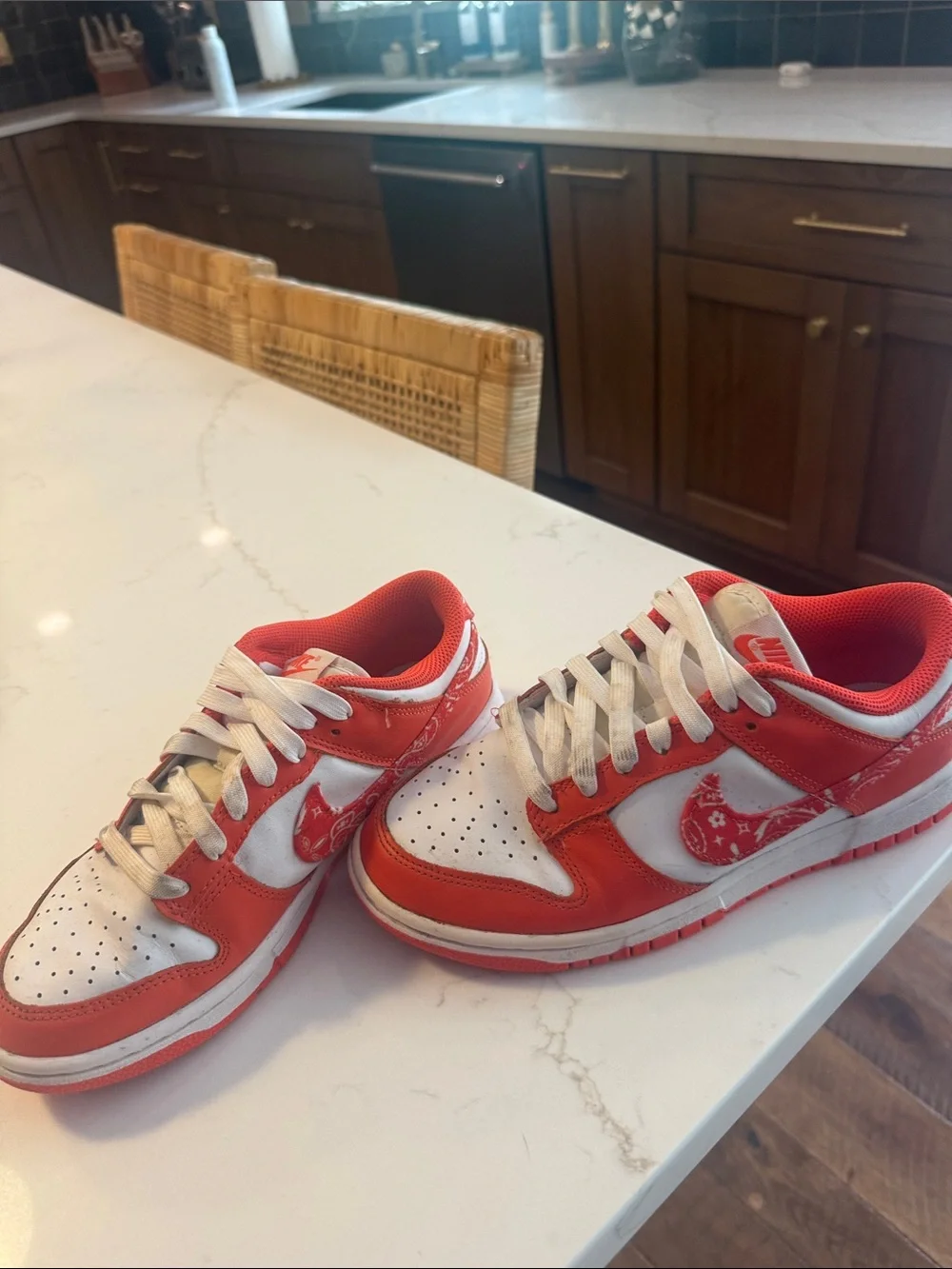 Nike Kids Red and White Low-Top Sneakers with Paisley Swoosh